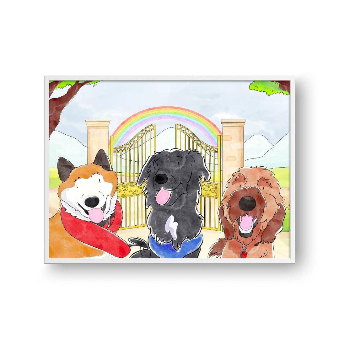 "Crown and Paw - Framed Poster Watercolor Pet Portrait - Three Pets, Framed Poster 10"" x 8"" / White / Rainbow Bridge"