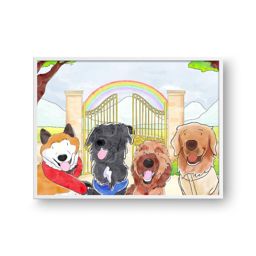 "Crown and Paw - Framed Poster Watercolor Pet Portrait - Four Pets, Framed Poster 10"" x 8"" / White / Rainbow Bridge"