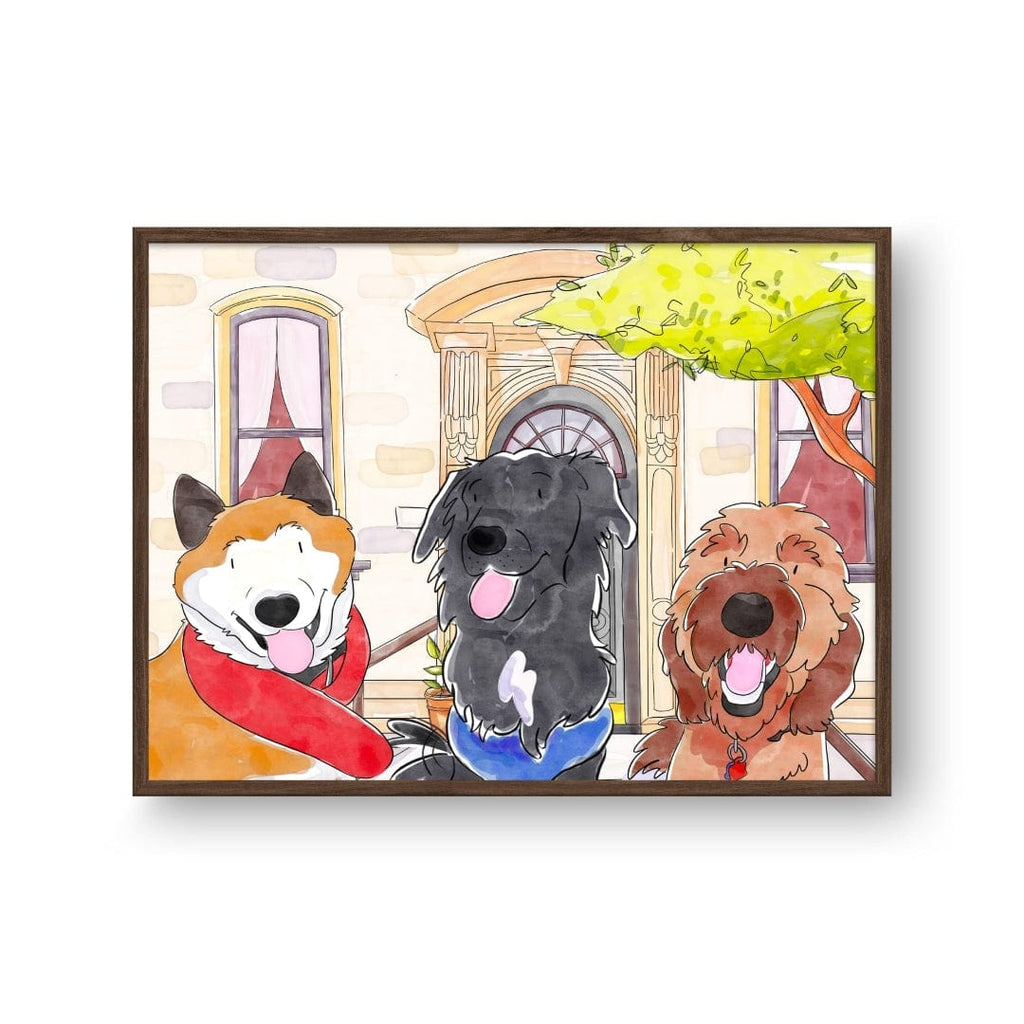 "Crown and Paw - Framed Poster Watercolor Pet Portrait - Three Pets, Framed Poster"