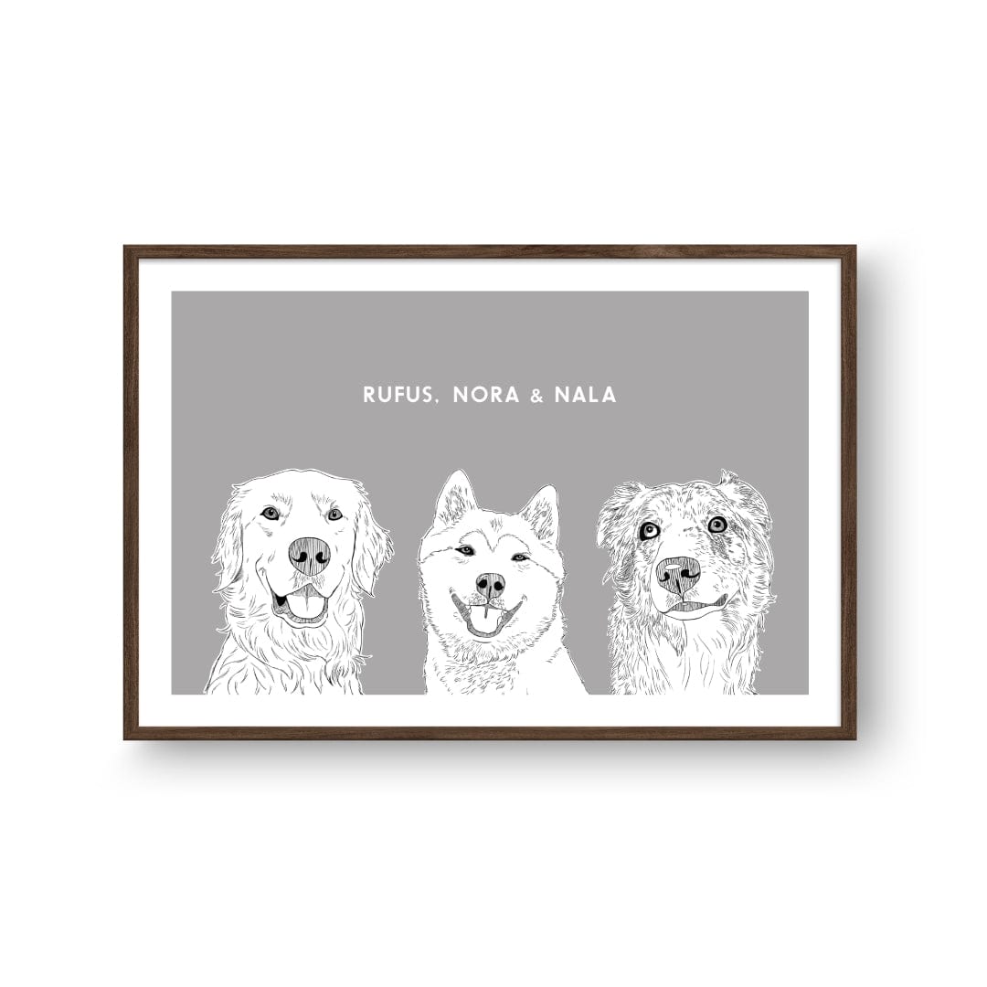 Crown and Paw - Framed Poster Illustrated Pet Portrait - Three Pets