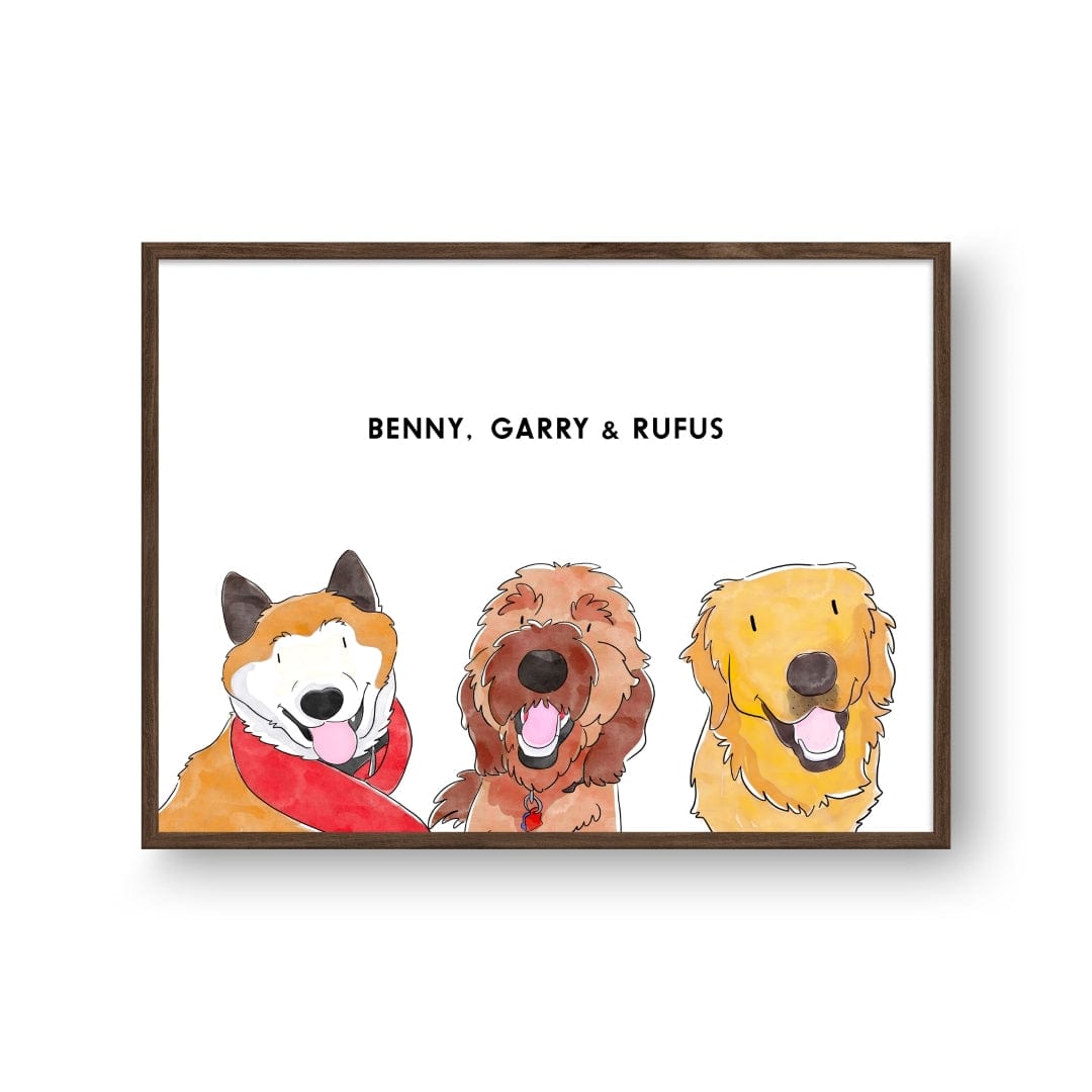Crown and Paw - Framed Poster Watercolor Pet Portrait - Three Pets