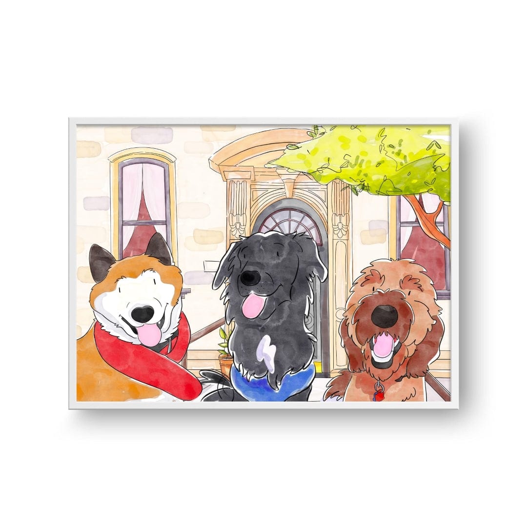 "Crown and Paw - Framed Poster Watercolor Pet Portrait - Three Pets, Framed Poster"