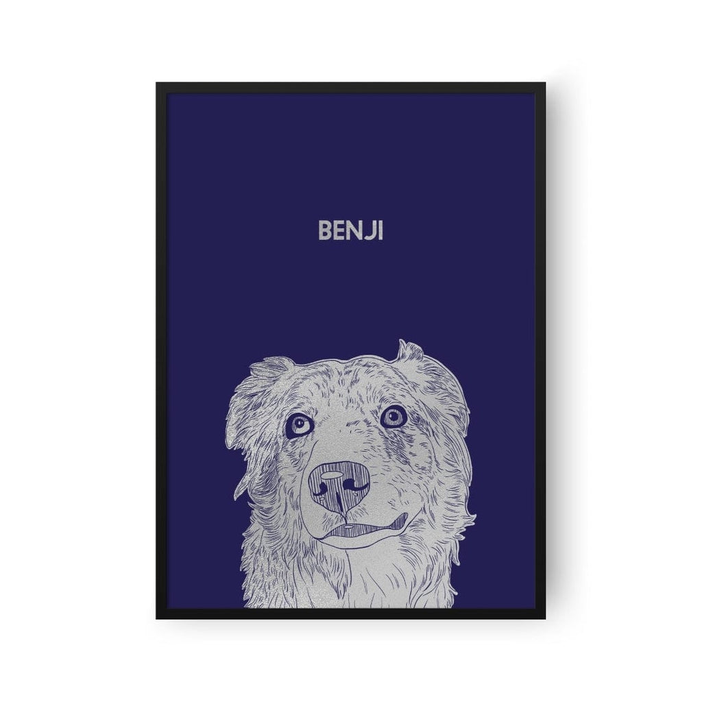 "Illustrated Silver Foil Pet Portrait - One Pet, Framed Print"