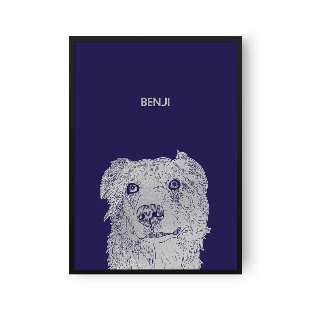 "Illustrated Silver Foil Pet Portrait - One Pet, Framed Print"
