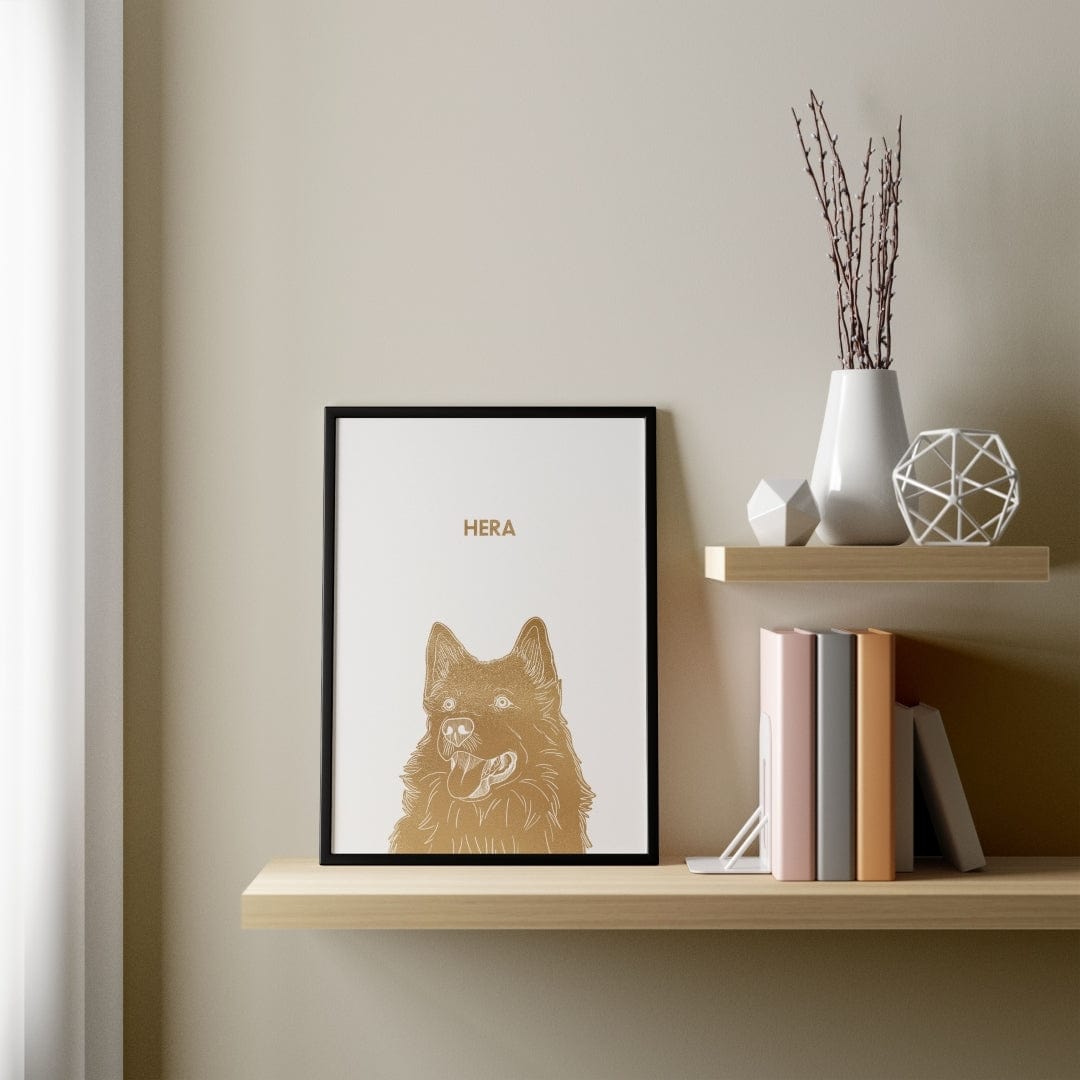 "Illustrated Gold Foil Pet Portrait - One Pet, Framed Print"