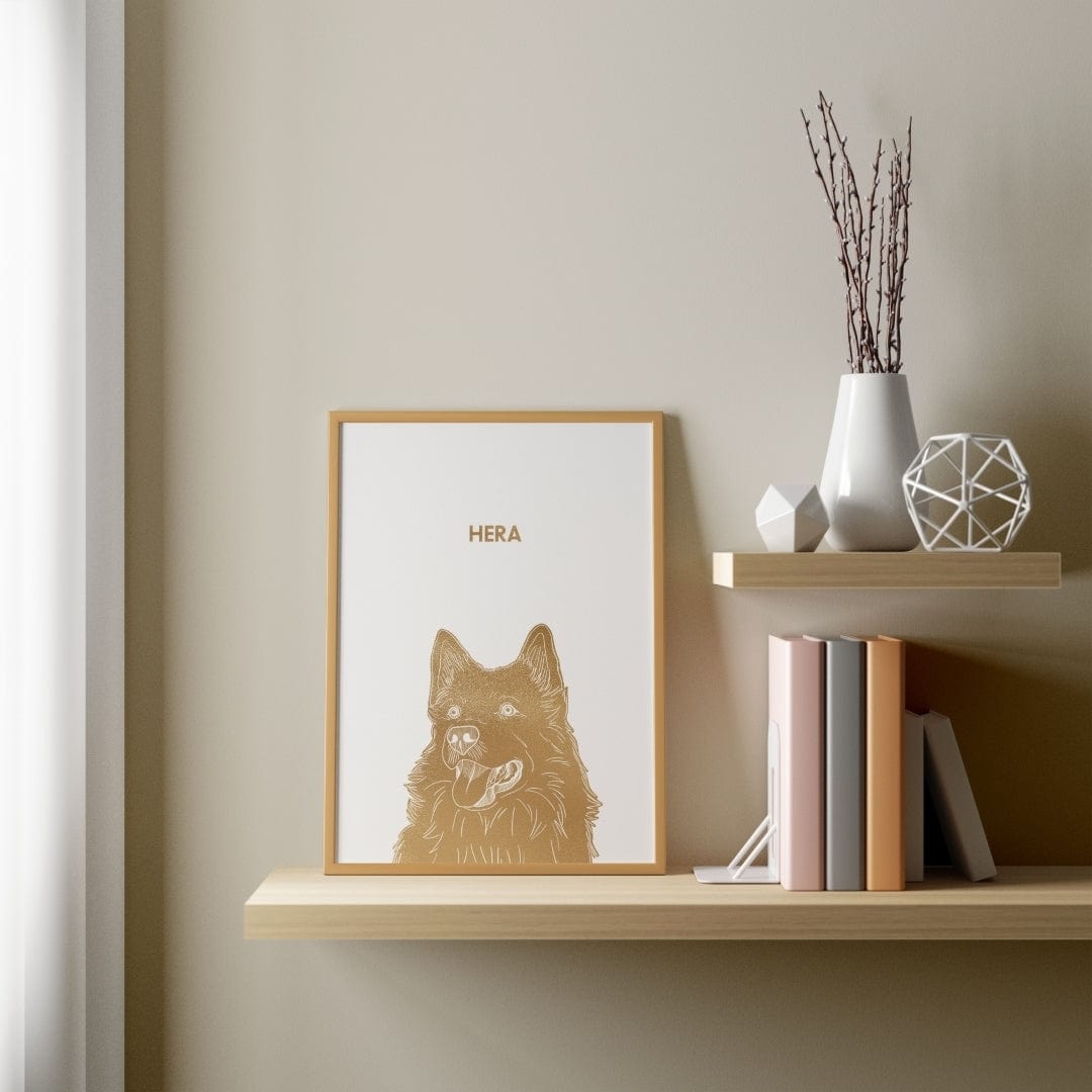 "Illustrated Gold Foil Pet Portrait - One Pet, Framed Print"