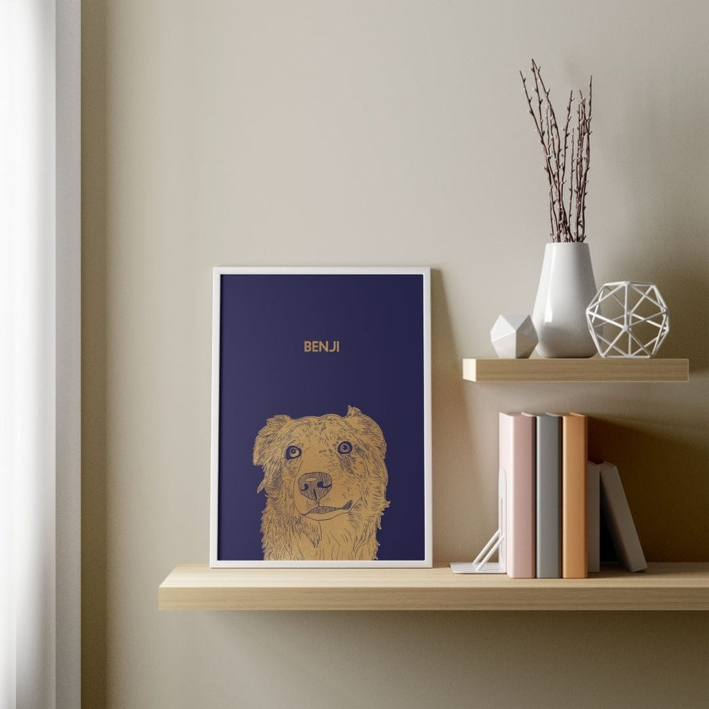 "Illustrated Gold Foil Pet Portrait - One Pet, Framed Print"