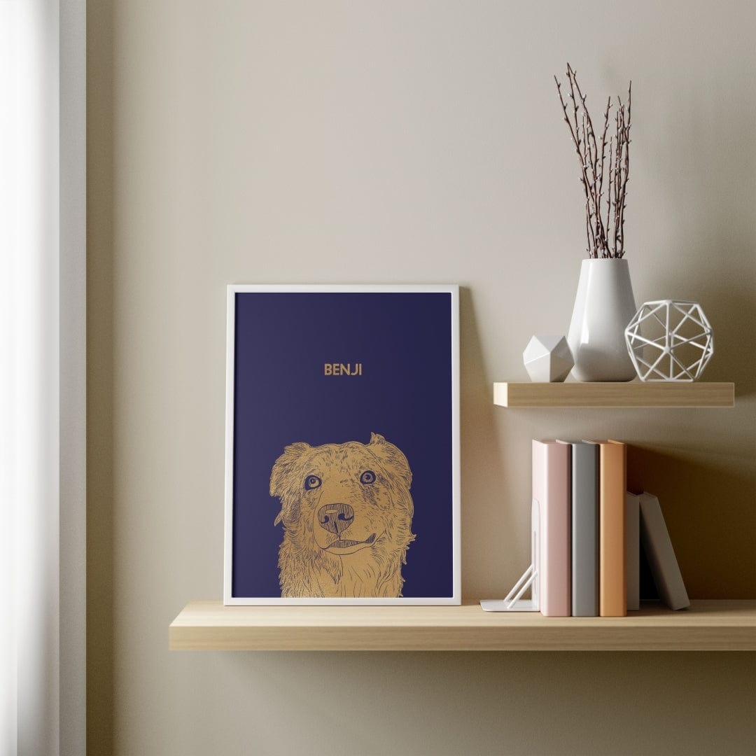 "Illustrated Gold Foil Pet Portrait - One Pet, Framed Print"