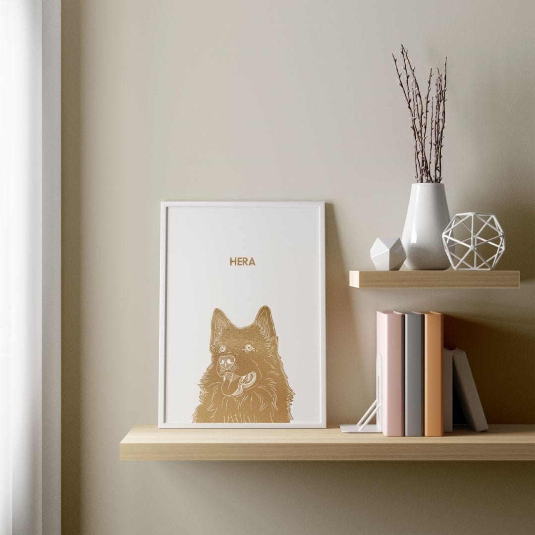 "Illustrated Gold Foil Pet Portrait - One Pet, Framed Print"