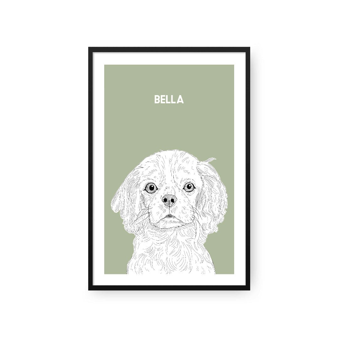 "Crown and Paw - Framed Poster Illustrated Pet Portrait - One Pet 8"" x 10"" / Black / Sage"