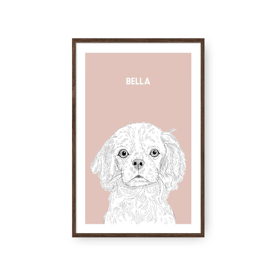 "Crown and Paw - Framed Poster Illustrated Pet Portrait - One Pet 8"" x 10"" / Walnut / Blush"