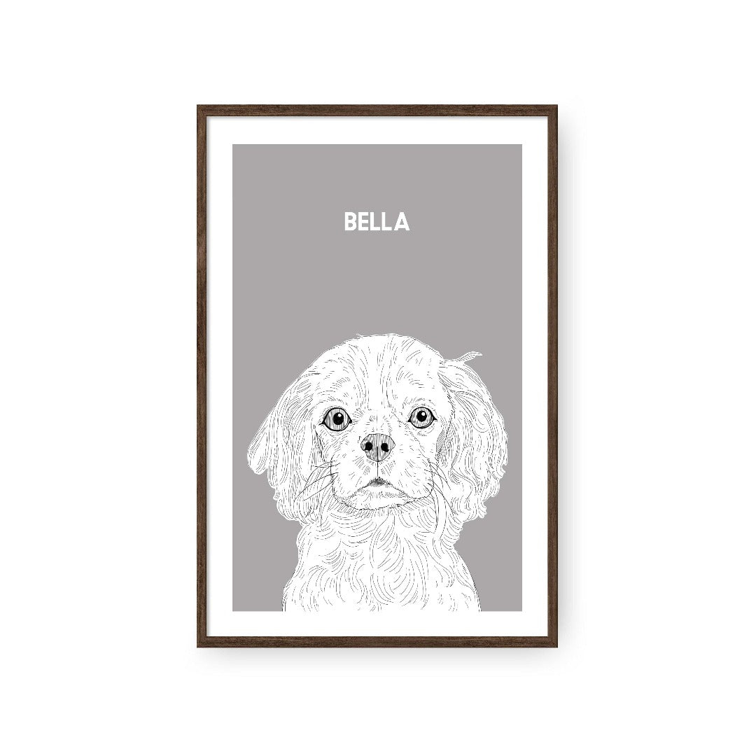 "Crown and Paw - Framed Poster Illustrated Pet Portrait - One Pet 8"" x 10"" / Walnut / Grey"