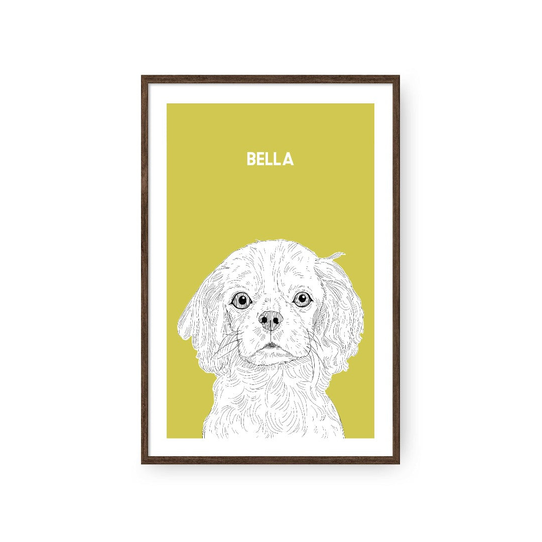 "Crown and Paw - Framed Poster Illustrated Pet Portrait - One Pet 8"" x 10"" / Walnut / Mustard"