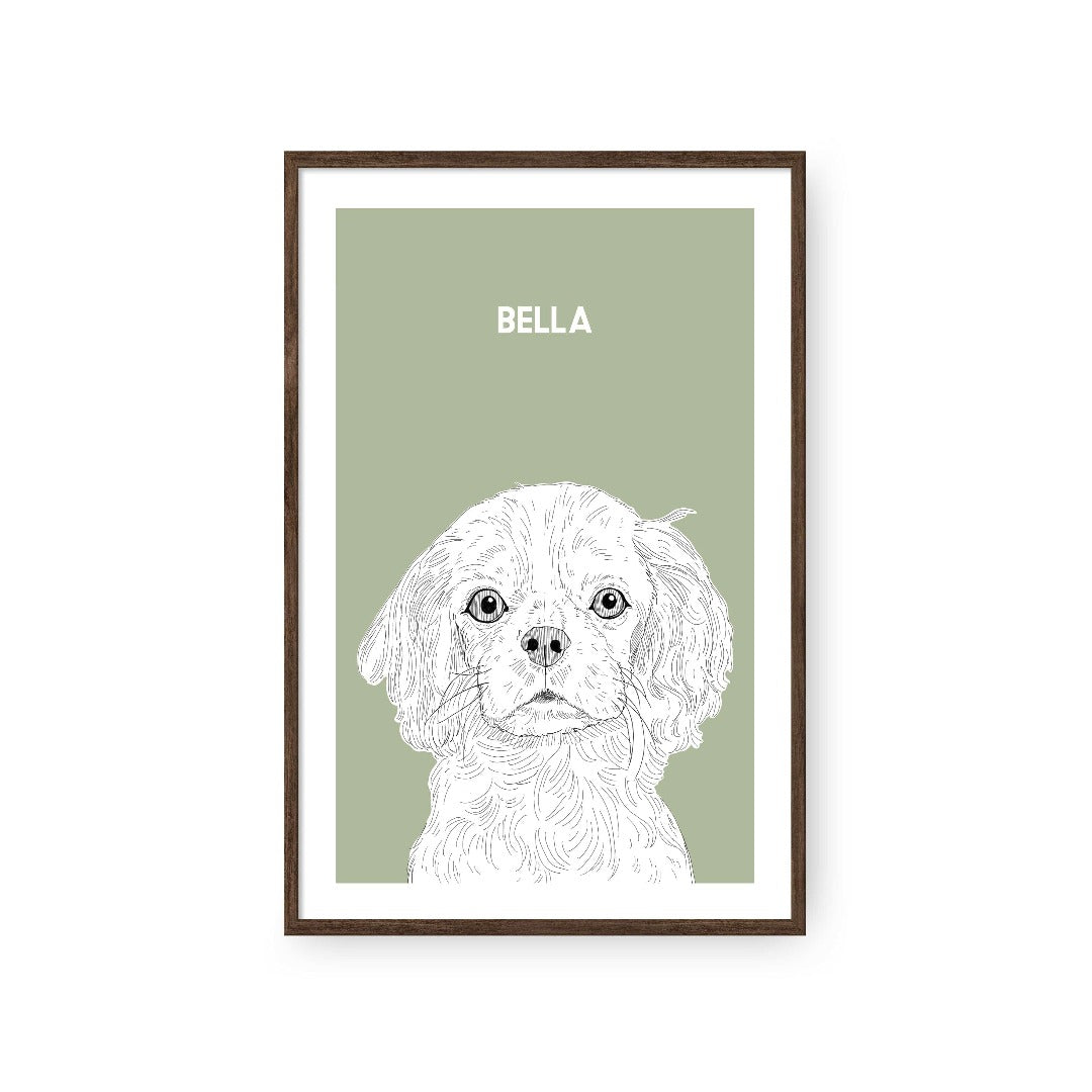 "Crown and Paw - Framed Poster Illustrated Pet Portrait - One Pet 8"" x 10"" / Walnut / Sage"