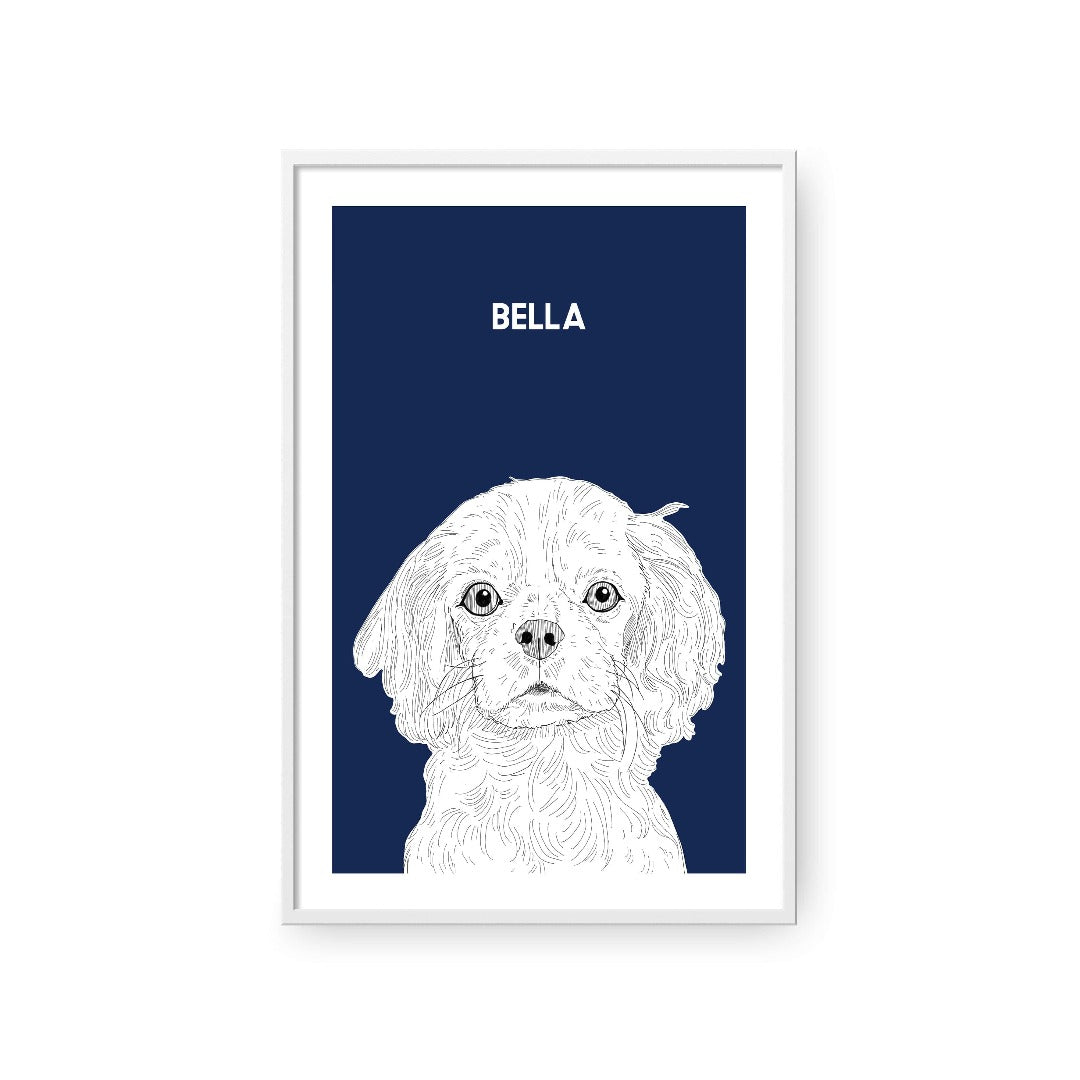 "Crown and Paw - Framed Poster Illustrated Pet Portrait - One Pet 8"" x 10"" / White / Navy"