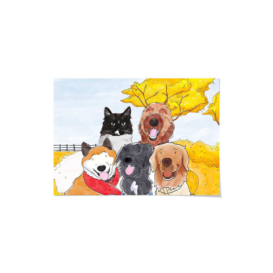 "Watercolor Pet Portrait - Five Pets, Framed Poster"