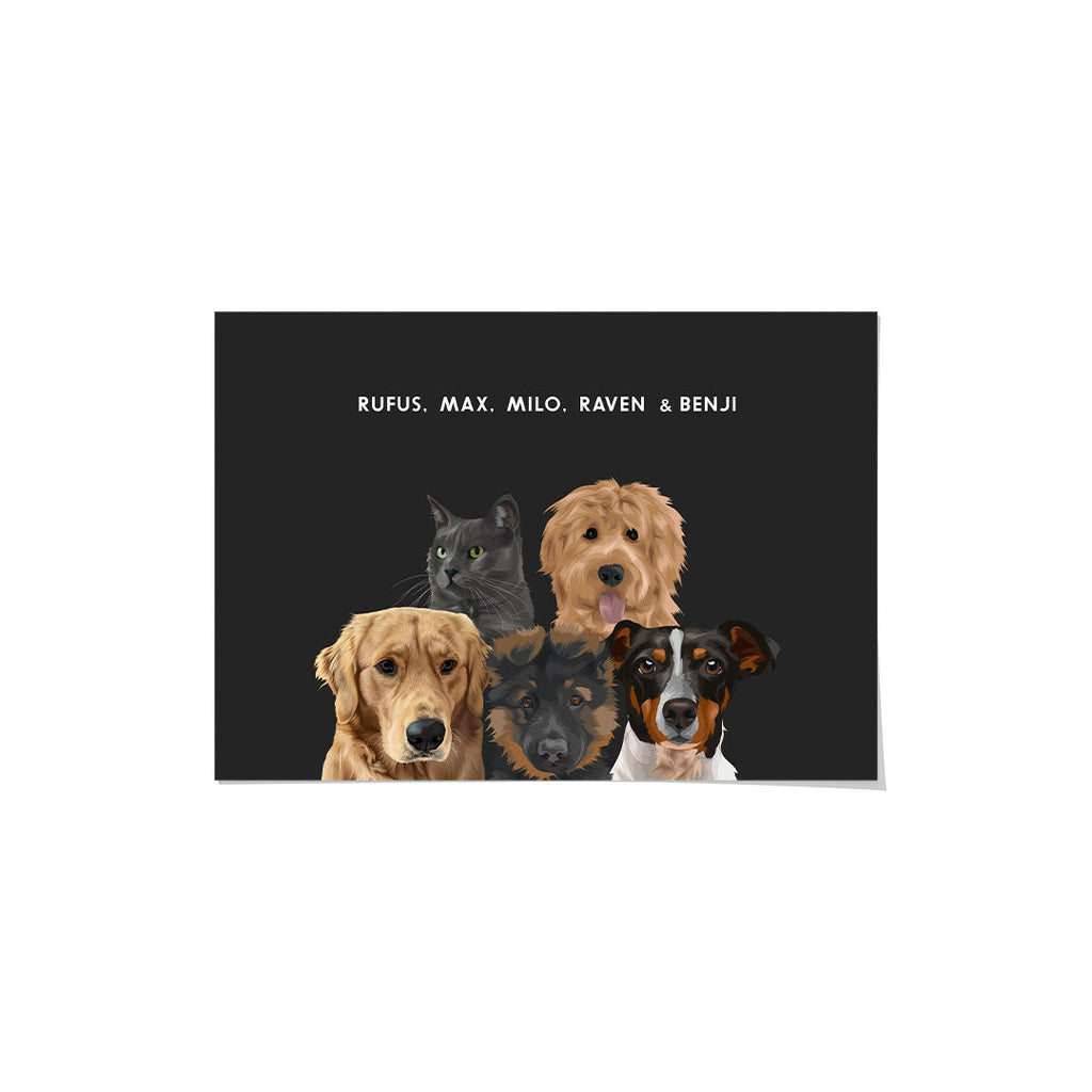 "Modern Pet Portrait - Five Pets, Framed Poster"