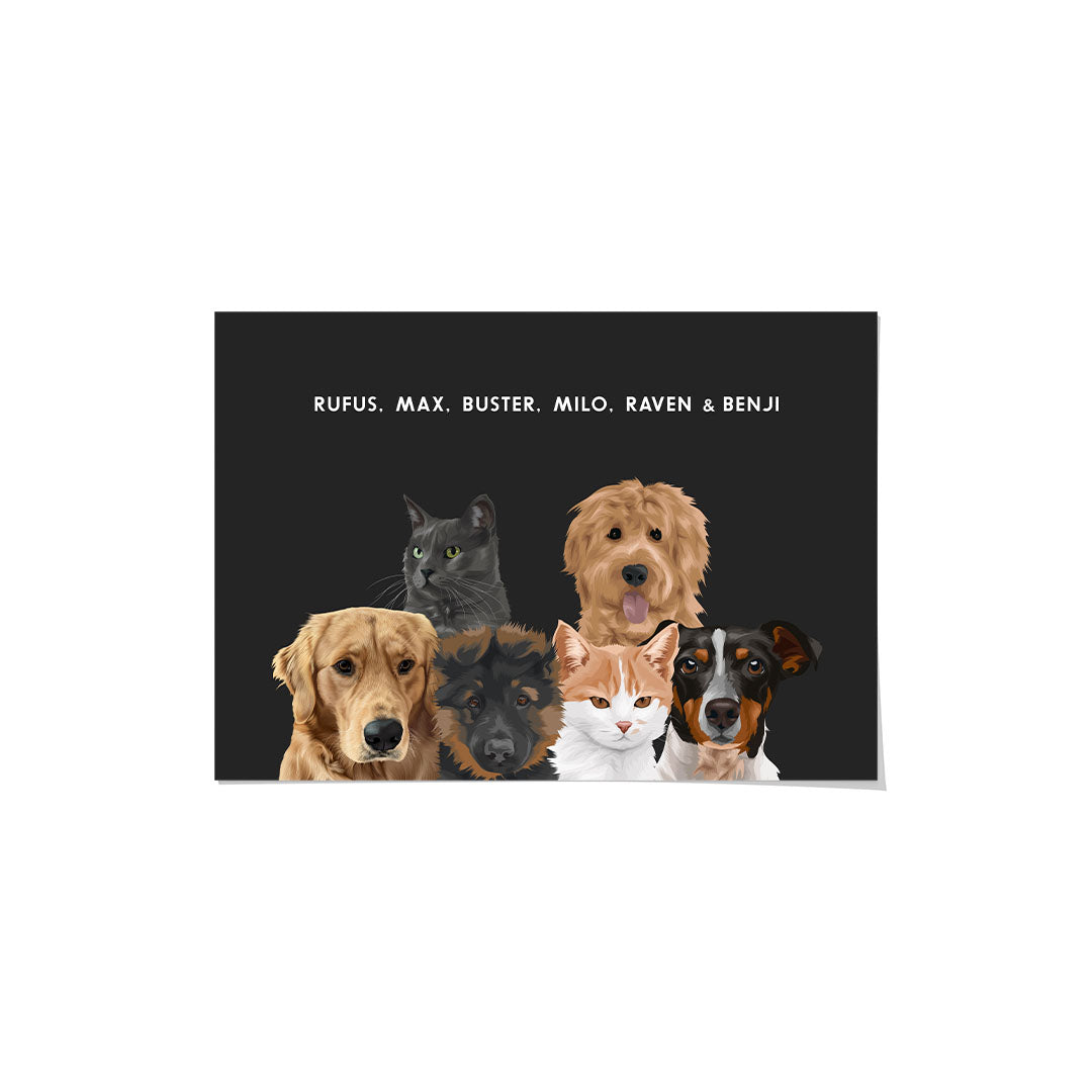 "Modern Pet Portrait - Six Pets, Framed Poster"