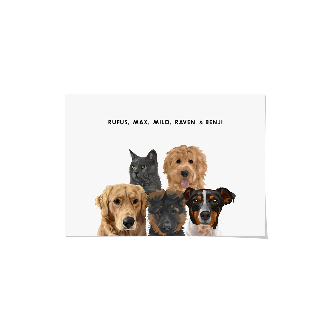 "Modern Pet Portrait - Five Pets, Framed Poster"