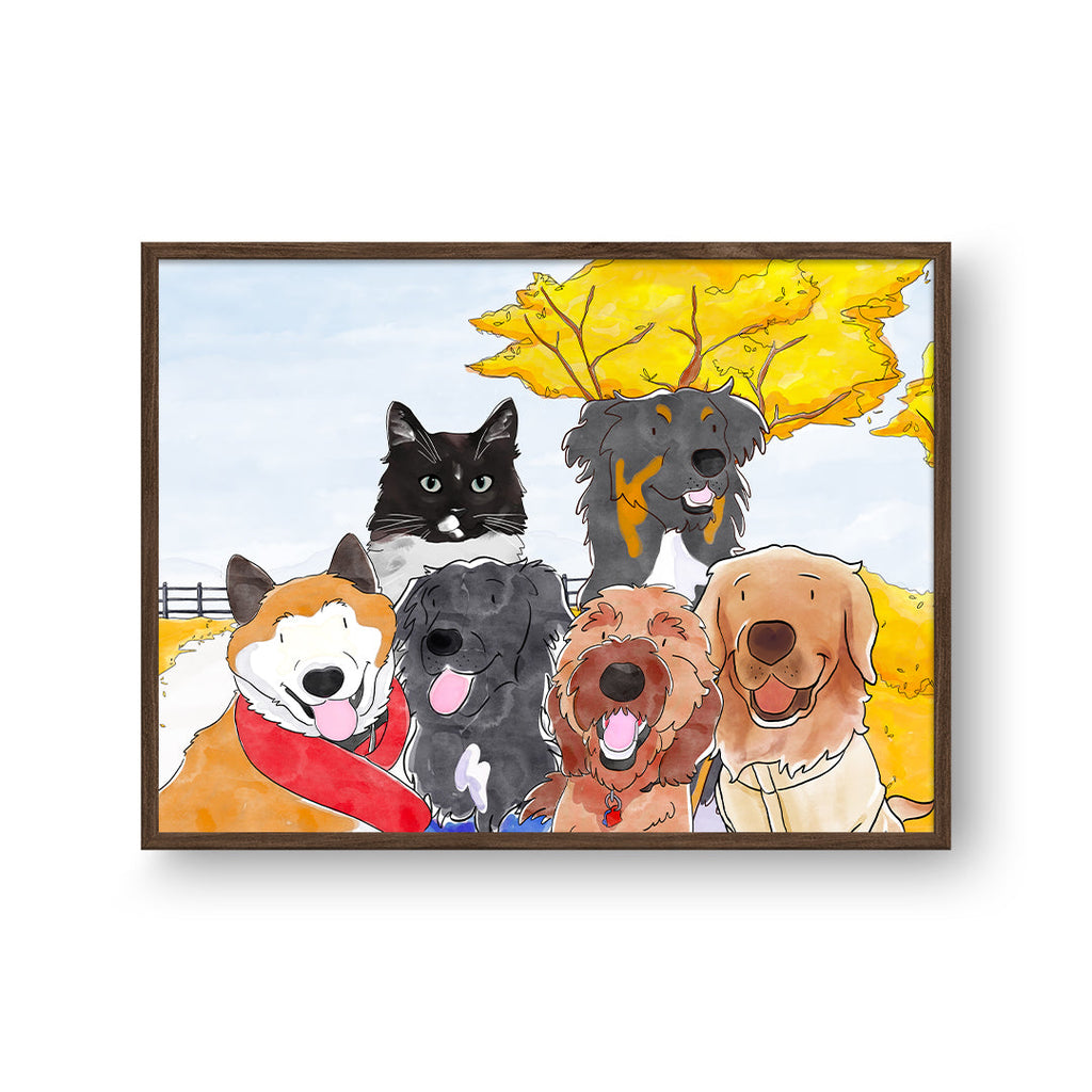 "Watercolor Pet Portrait - Six Pets, Framed Poster"