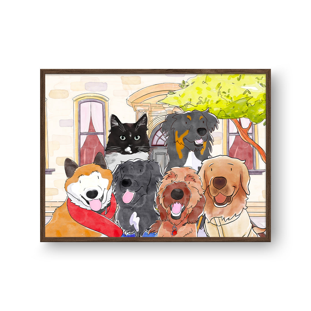 "Watercolor Pet Portrait - Six Pets, Framed Poster"