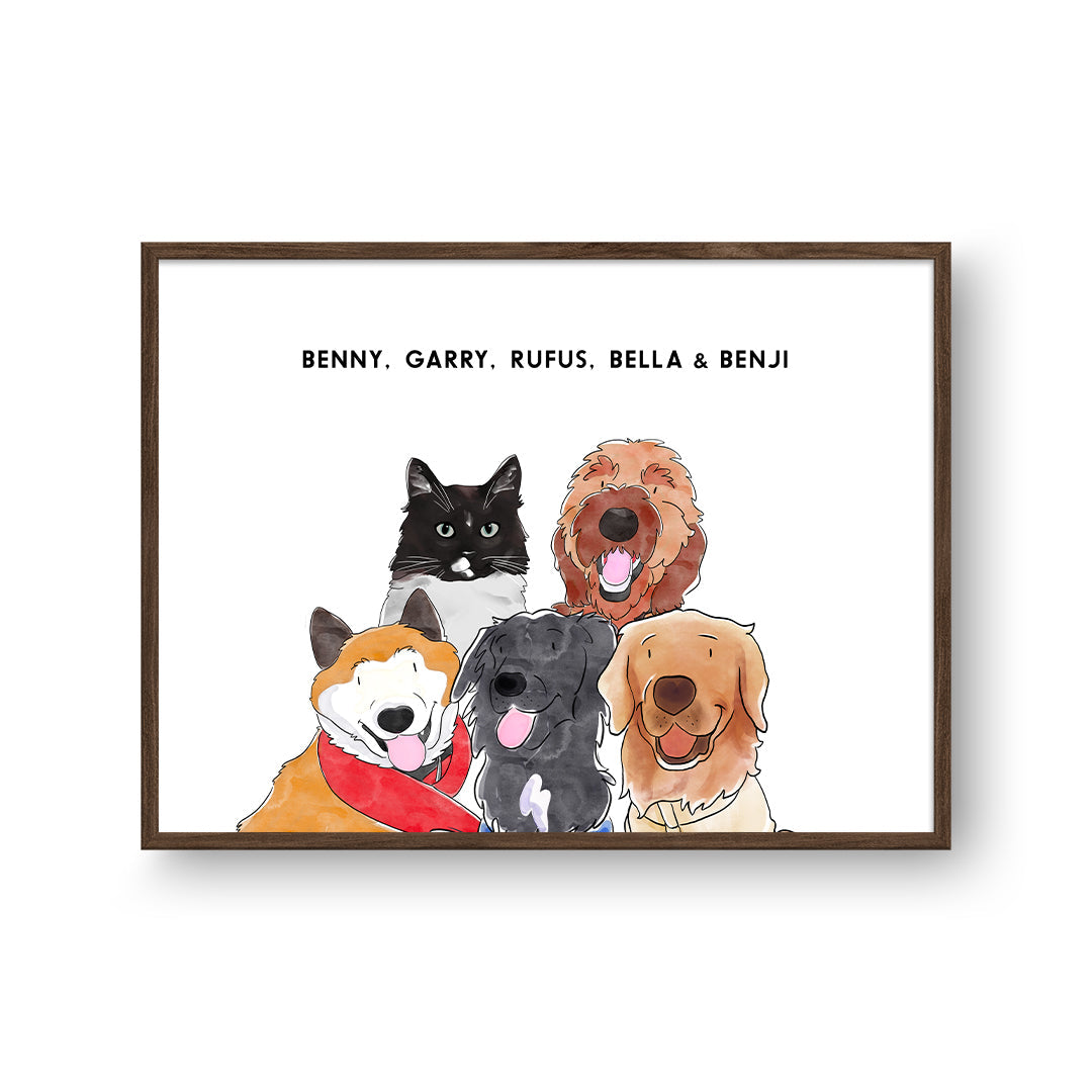 "Watercolor Pet Portrait - Five Pets, Framed Poster"
