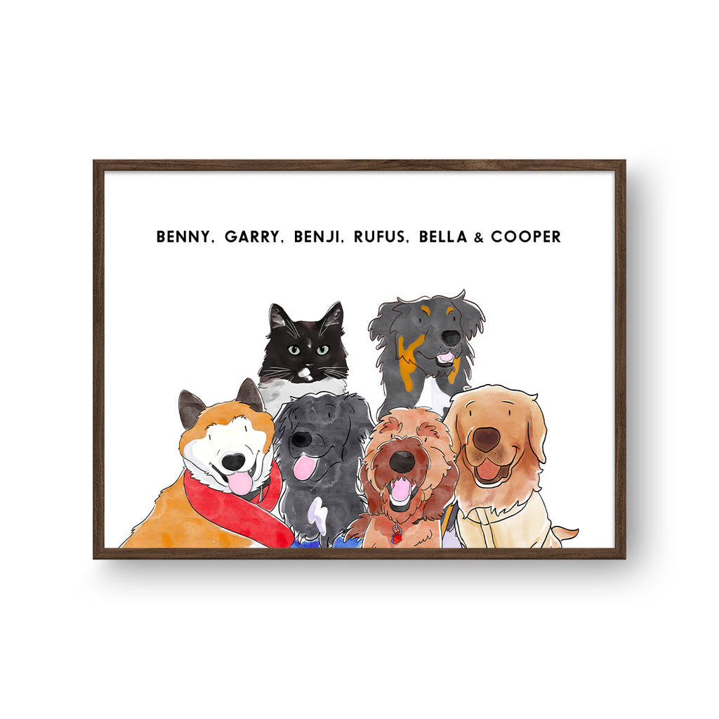 "Watercolor Pet Portrait - Six Pets, Framed Poster"