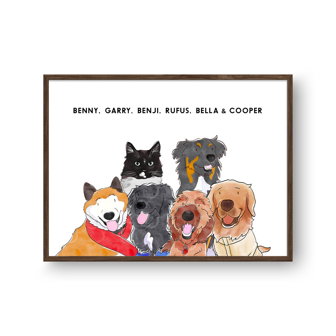 "Watercolor Pet Portrait - Six Pets, Framed Poster"