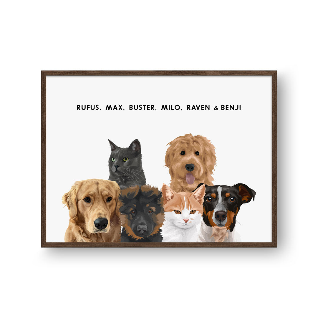 "Modern Pet Portrait - Six Pets, Framed Poster"