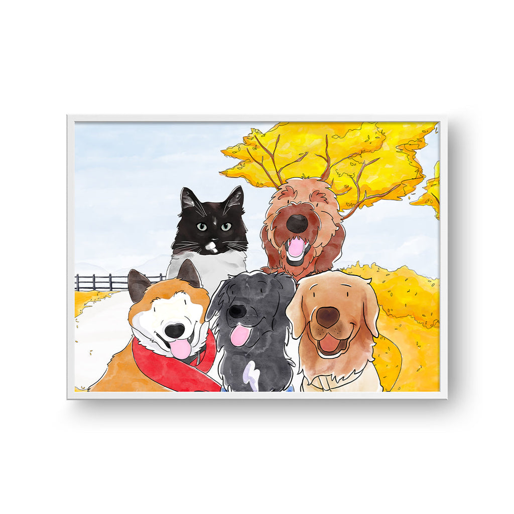 "Watercolor Pet Portrait - Five Pets, Framed Poster"