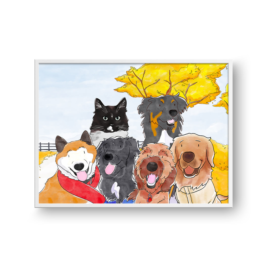 "Watercolor Pet Portrait - Six Pets, Framed Poster"