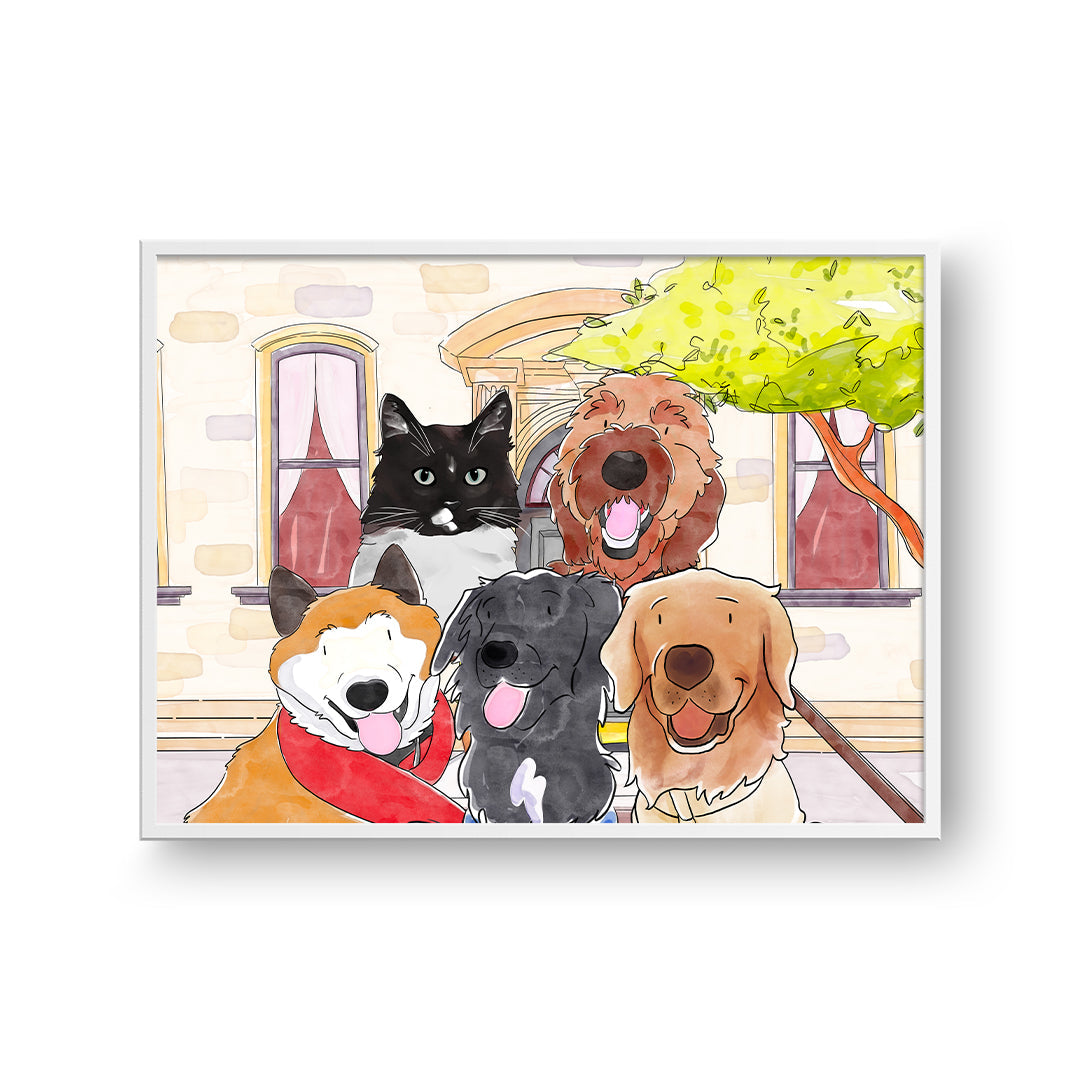 "Watercolor Pet Portrait - Five Pets, Framed Poster"