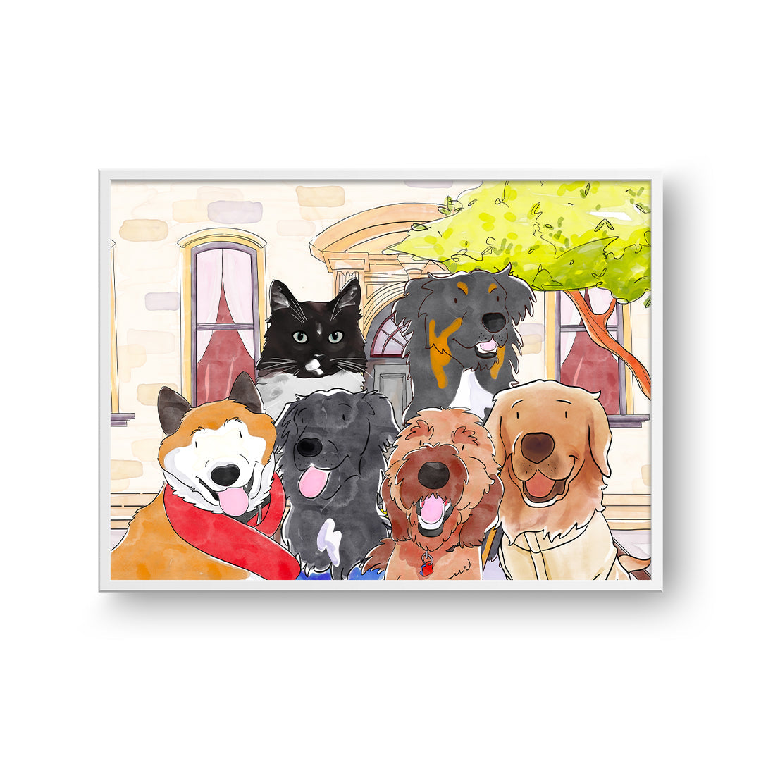 "Watercolor Pet Portrait - Six Pets, Framed Poster"