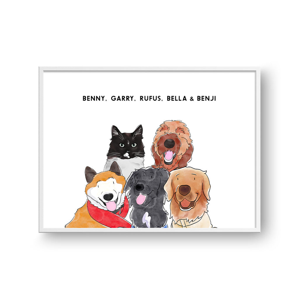 "Watercolor Pet Portrait - Five Pets, Framed Poster"