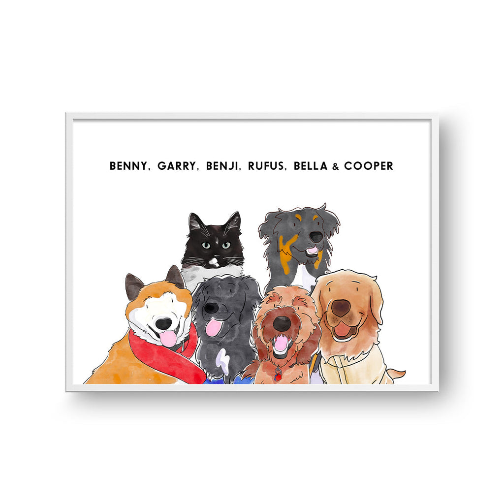 "Watercolor Pet Portrait - Six Pets, Framed Poster"