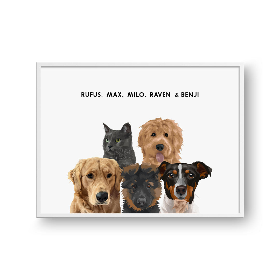 "Modern Pet Portrait - Five Pets, Framed Poster"