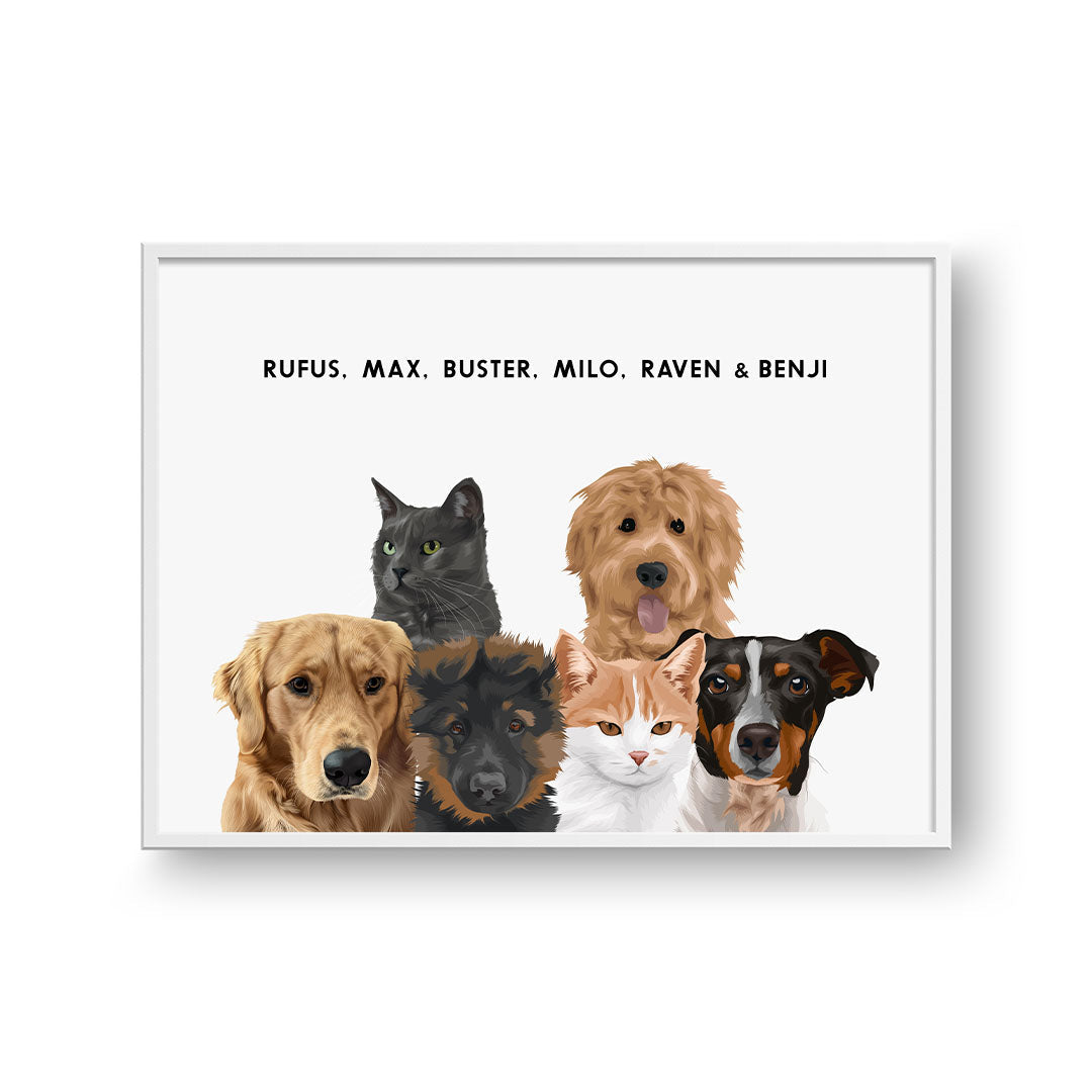 "Modern Pet Portrait - Six Pets, Framed Poster"