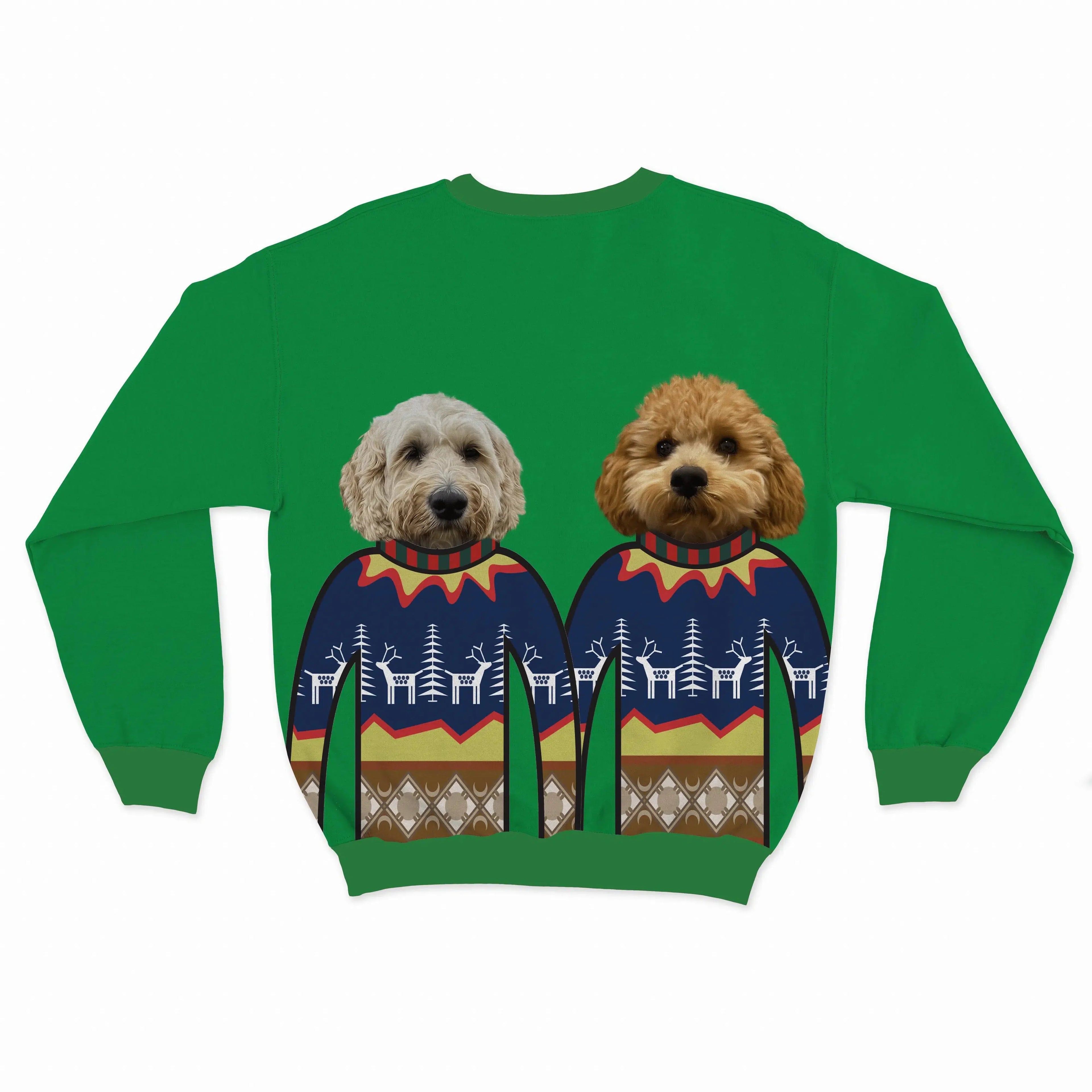 Crown and Paw - Custom Clothing Custom Pet Face Christmas Sweatshirt - Two Pets Festive Green / Blue / S