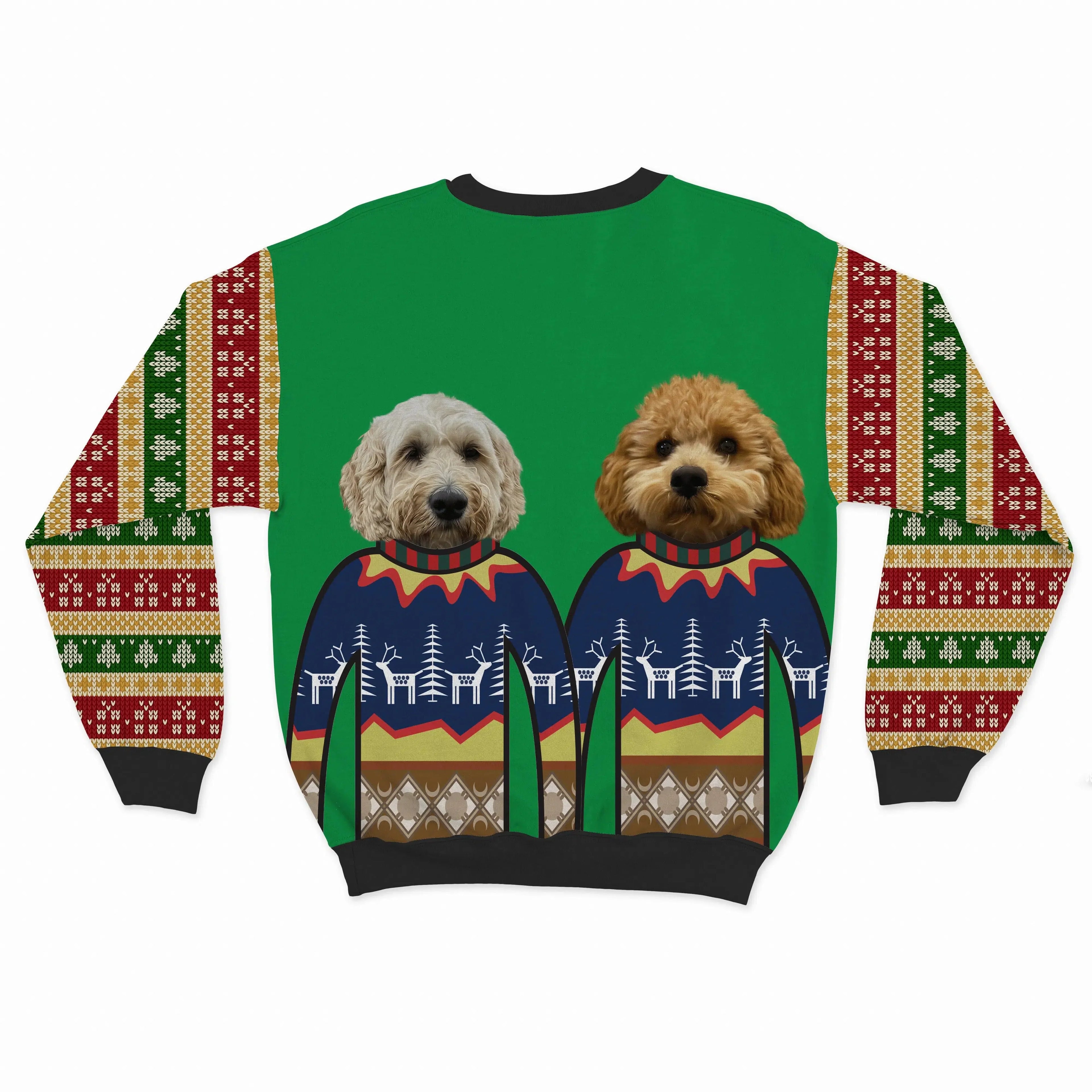 Crown and Paw - Custom Clothing Premium Christmas Sweatshirt - Two Pets Festive Green / Gifts and Bells / S