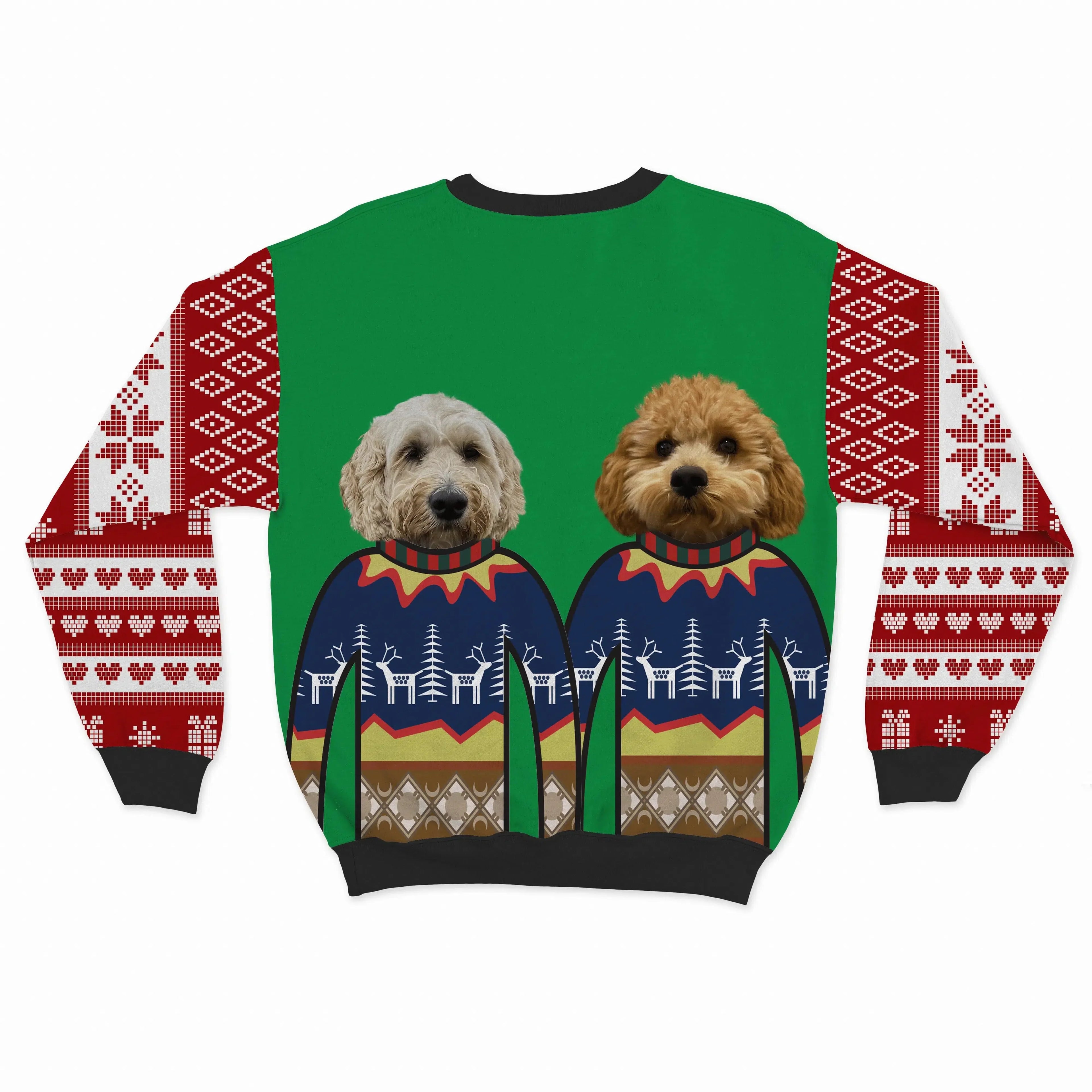 Crown and Paw - Custom Clothing Premium Christmas Sweatshirt - Two Pets Festive Green / Snowflakes and Hearts / S