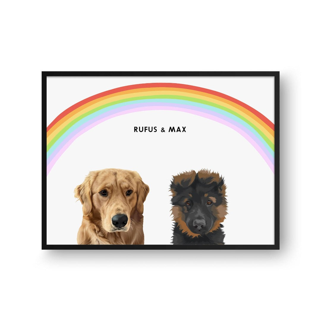 "Crown and Paw - Framed Poster Modern Pet Portrait - Two Pets 10"" x 8"" / Black / Rainbow"
