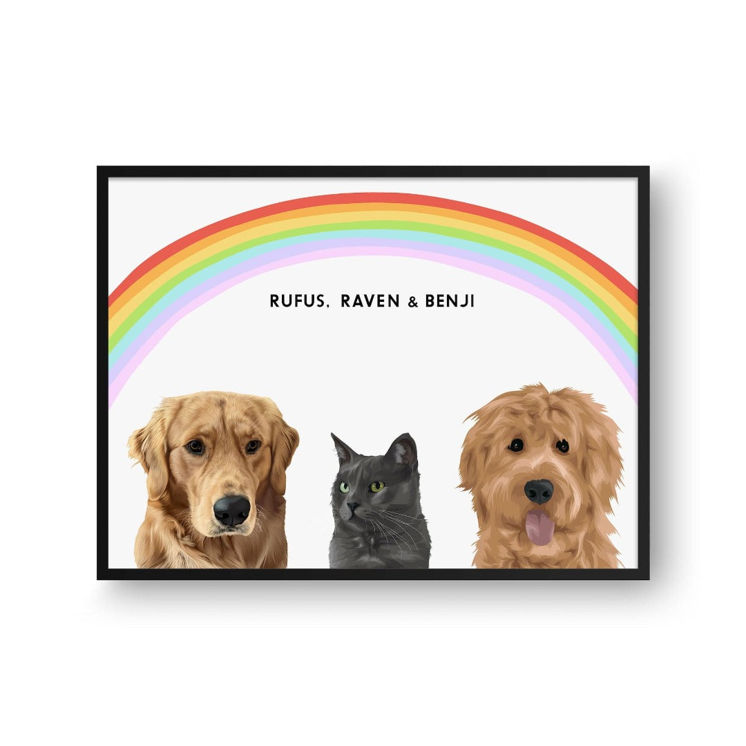 "Crown and Paw - Framed Poster Modern Pet Portrait - Three Pets 10"" x 8"" / Black / Rainbow"