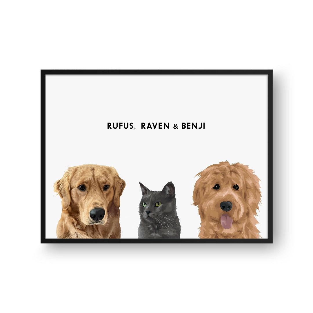 "Crown and Paw - Framed Poster Modern Pet Portrait - Three Pets 8"" x 10"" / Black / White"