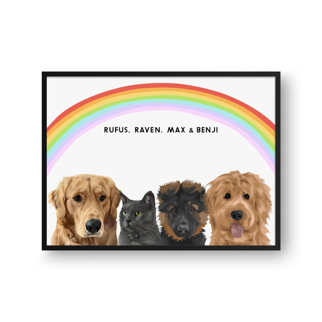 "Crown and Paw - Framed Poster Modern Pet Portrait - Four Pets 10"" x 8"" / Black / Rainbow"
