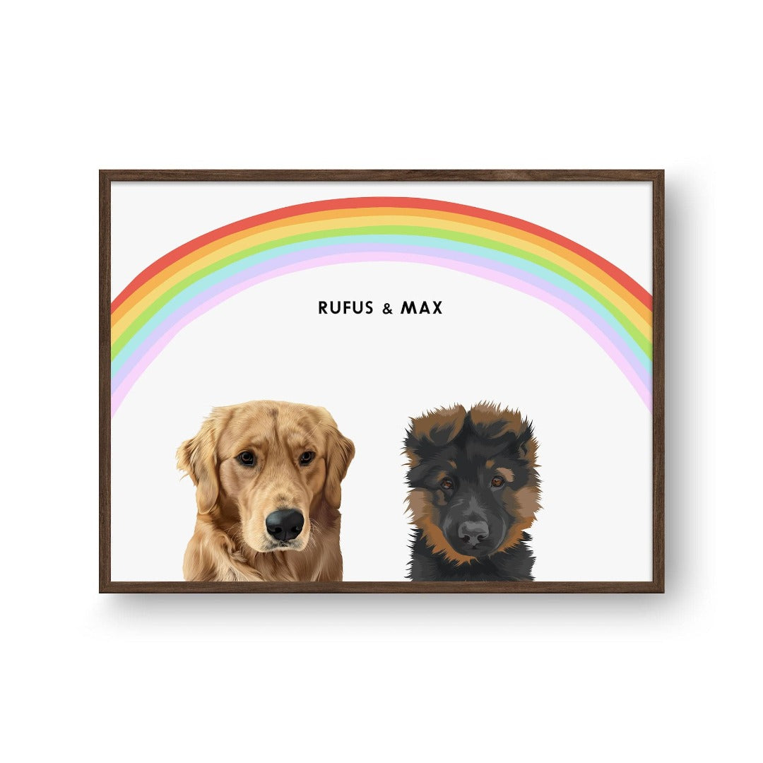 "Crown and Paw - Framed Poster Modern Pet Portrait - Two Pets 10"" x 8"" / Walnut / Rainbow"