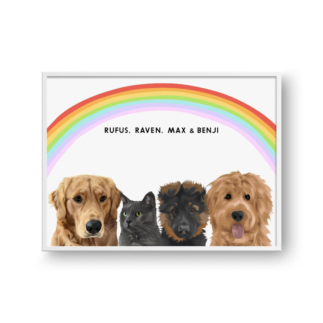 "Crown and Paw - Framed Poster Modern Pet Portrait - Four Pets 10"" x 8"" / White / Rainbow"