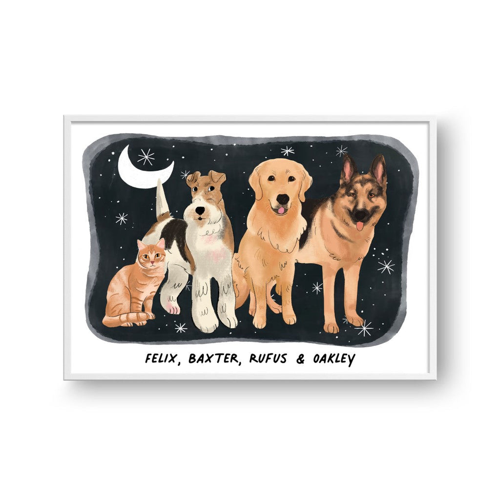 "Premium Watercolor Pet Portrait - Four Pets, Framed Poster"