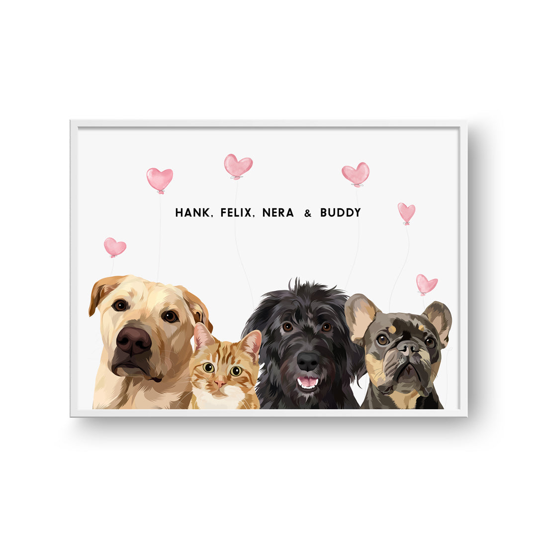Valentines Pet Portrait - Four Pets