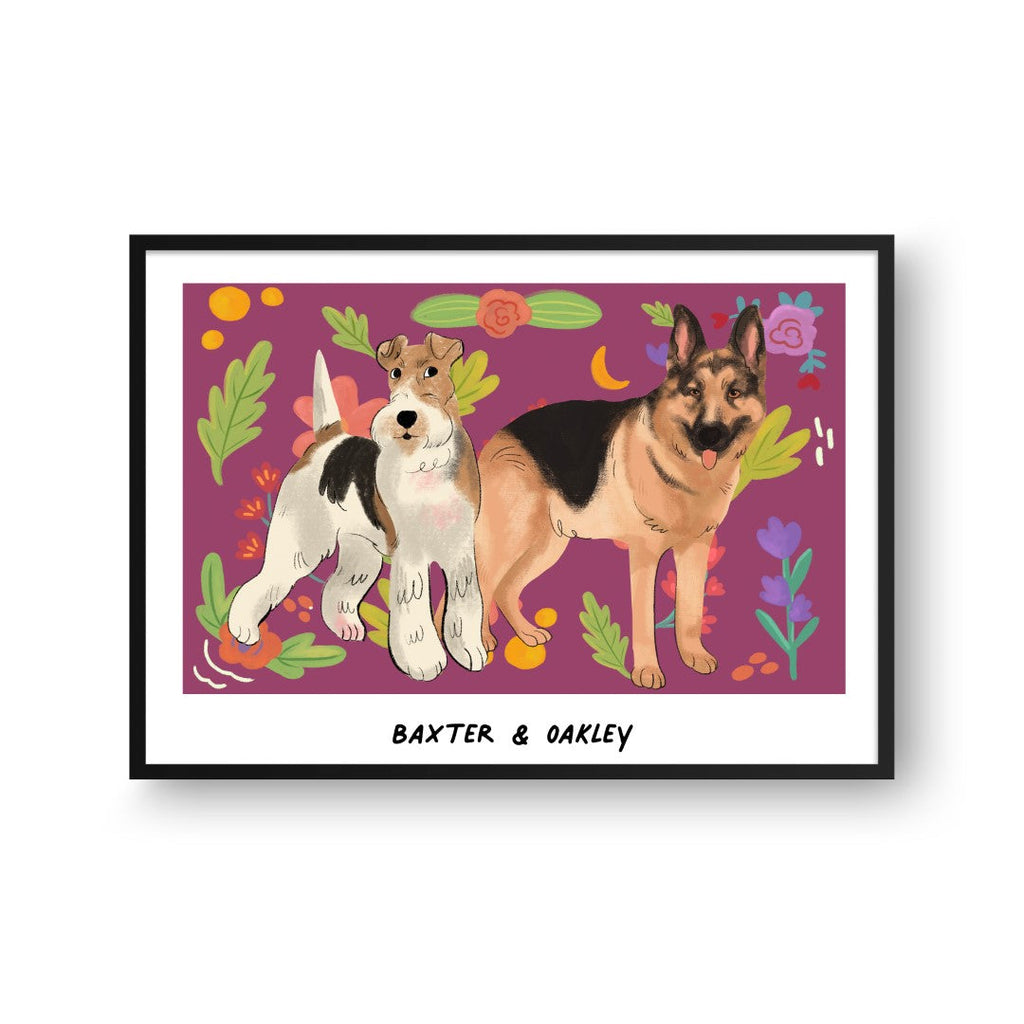 "Premium Watercolor Pet Portrait - Two Pets, Framed Poster"