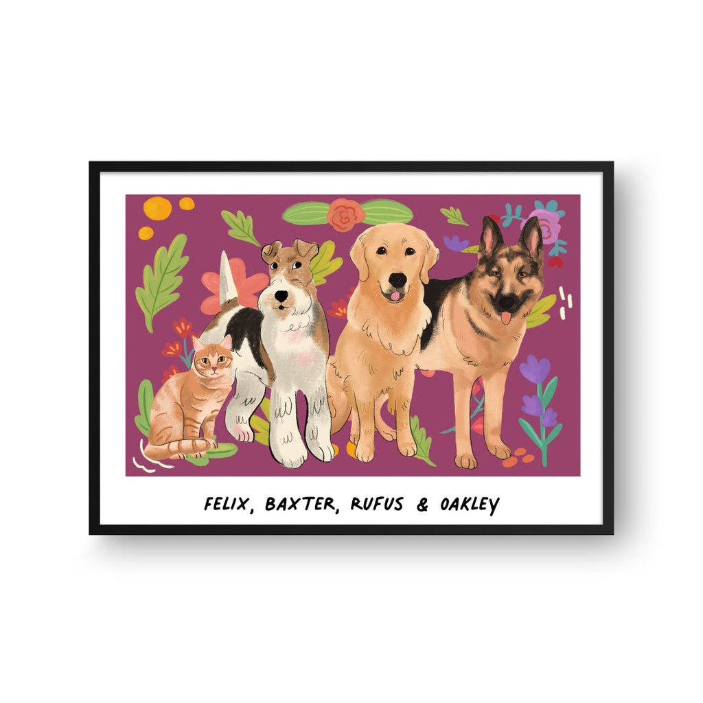 "Premium Watercolor Pet Portrait - Four Pets, Framed Poster"